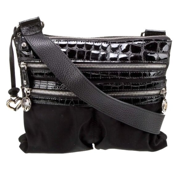 Brighton Go Go Black Nylon & Croc Pattern Leather Crossbody Handbag. Gently Used - Picture 1 of 7